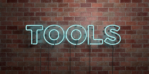 TOOLS - fluorescent Neon tube Sign on brickwork - Front view - 3D rendered royalty free stock picture. Can be used for online banner ads and direct mailers..