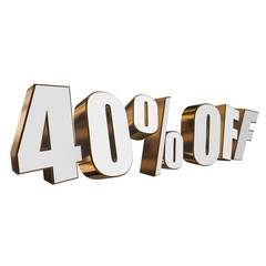 40 percent off letters on white background. 3d render isolated.