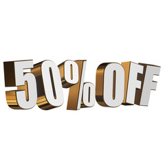 50 percent off letters on white background. 3d render isolated.