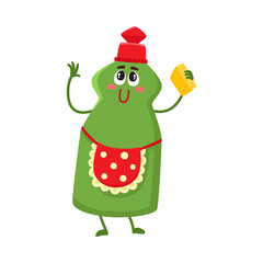 Funny dish washing character with smiling human face and cleaning sponge, cartoon vector illustration isolated on white background. Smiling dish washing character, house cleaning concept