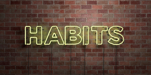 Fototapeta na wymiar HABITS - fluorescent Neon tube Sign on brickwork - Front view - 3D rendered royalty free stock picture. Can be used for online banner ads and direct mailers..