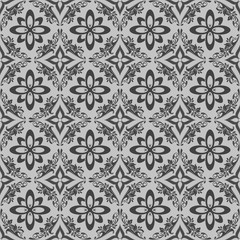 Seamless monochrome black and white floral vector ornament.