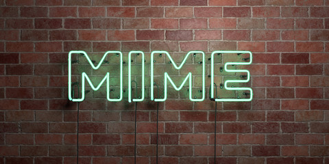 Fototapeta na wymiar MIME - fluorescent Neon tube Sign on brickwork - Front view - 3D rendered royalty free stock picture. Can be used for online banner ads and direct mailers..