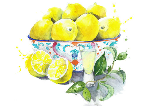 Lemons In The Bowl With Limoncello In The Glass Stillife Watercolor Painting Isolated On White Background