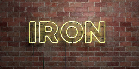 IRON - fluorescent Neon tube Sign on brickwork - Front view - 3D rendered royalty free stock picture. Can be used for online banner ads and direct mailers..