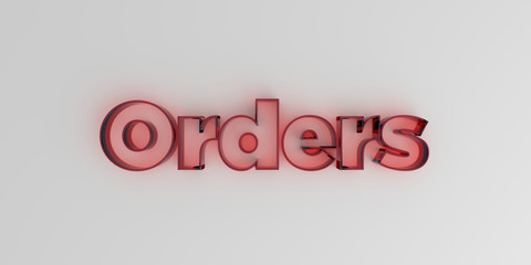 Orders - Red glass text on white background - 3D rendered royalty free stock image.