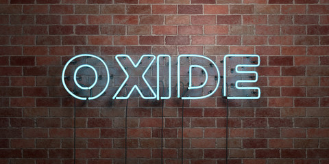 Fototapeta premium OXIDE - fluorescent Neon tube Sign on brickwork - Front view - 3D rendered royalty free stock picture. Can be used for online banner ads and direct mailers..