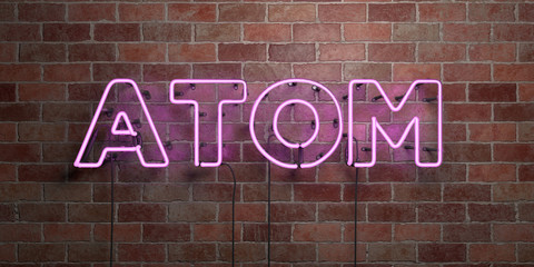 ATOM - fluorescent Neon tube Sign on brickwork - Front view - 3D rendered royalty free stock picture. Can be used for online banner ads and direct mailers..