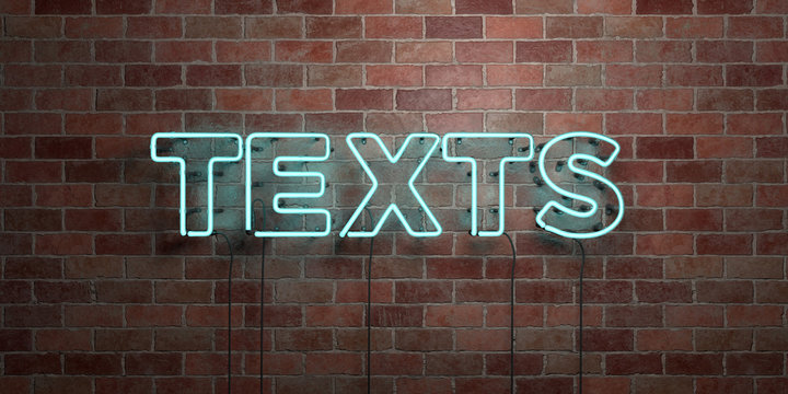 TEXTS - fluorescent Neon tube Sign on brickwork - Front view - 3D rendered royalty free stock picture. Can be used for online banner ads and direct mailers..