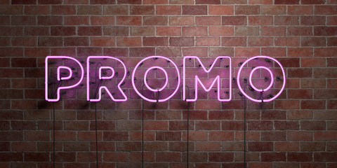 PROMO - fluorescent Neon tube Sign on brickwork - Front view - 3D rendered royalty free stock picture. Can be used for online banner ads and direct mailers..