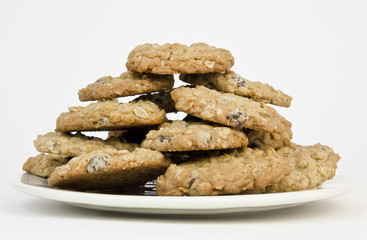 Stacked plate of homemade chocolate chip cookies.