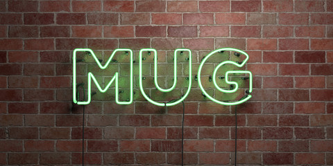 MUG - fluorescent Neon tube Sign on brickwork - Front view - 3D rendered royalty free stock picture. Can be used for online banner ads and direct mailers..