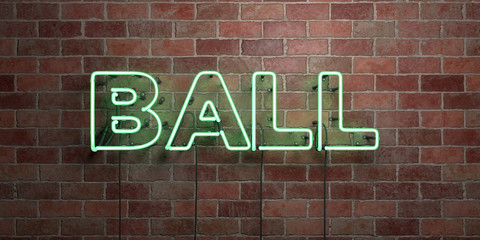BALL - fluorescent Neon tube Sign on brickwork - Front view - 3D rendered royalty free stock picture. Can be used for online banner ads and direct mailers..