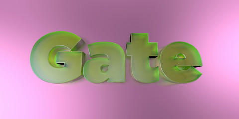 Gate - colorful glass text on vibrant background - 3D rendered royalty free stock image.