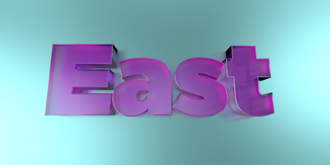 East - colorful glass text on vibrant background - 3D rendered royalty free stock image.