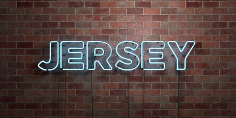 Fototapeta na wymiar JERSEY - fluorescent Neon tube Sign on brickwork - Front view - 3D rendered royalty free stock picture. Can be used for online banner ads and direct mailers..