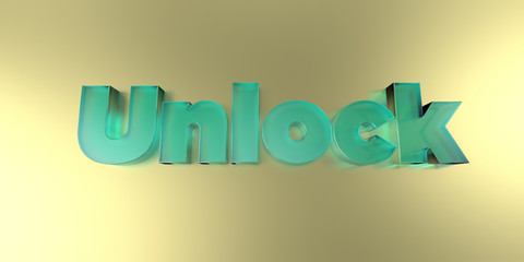 Unlock - colorful glass text on vibrant background - 3D rendered royalty free stock image.