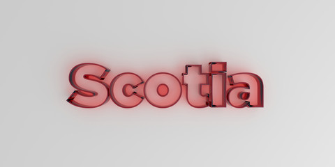 Scotia - Red glass text on white background - 3D rendered royalty free stock image.