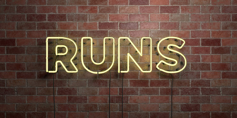 RUNS - fluorescent Neon tube Sign on brickwork - Front view - 3D rendered royalty free stock picture. Can be used for online banner ads and direct mailers..