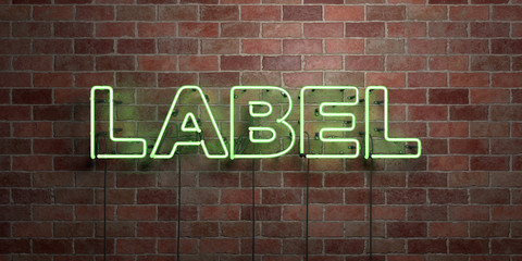 LABEL - fluorescent Neon tube Sign on brickwork - Front view - 3D rendered royalty free stock picture. Can be used for online banner ads and direct mailers..