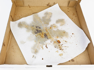 Empty pizza box with greasy wax paper. Isolated.