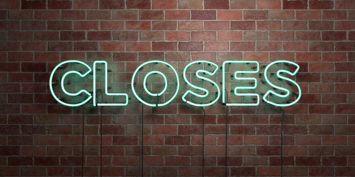 CLOSES - fluorescent Neon tube Sign on brickwork - Front view - 3D rendered royalty free stock picture. Can be used for online banner ads and direct mailers..