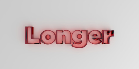 Longer - Red glass text on white background - 3D rendered royalty free stock image.