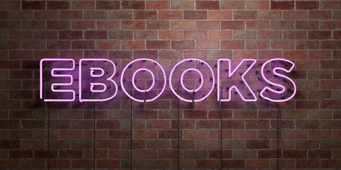 EBOOKS - fluorescent Neon tube Sign on brickwork - Front view - 3D rendered royalty free stock picture. Can be used for online banner ads and direct mailers..
