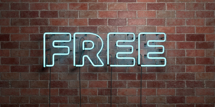 FREE - fluorescent Neon tube Sign on brickwork - Front view - 3D rendered royalty free stock picture. Can be used for online banner ads and direct mailers..