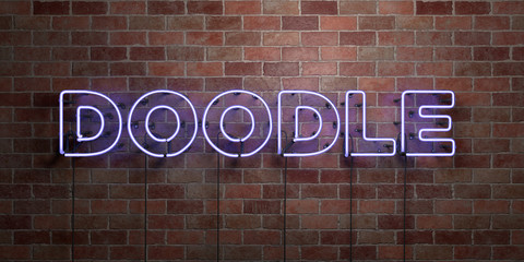 DOODLE - fluorescent Neon tube Sign on brickwork - Front view - 3D rendered royalty free stock picture. Can be used for online banner ads and direct mailers..
