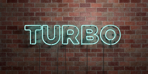 TURBO - fluorescent Neon tube Sign on brickwork - Front view - 3D rendered royalty free stock picture. Can be used for online banner ads and direct mailers..