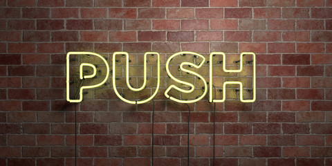 PUSH - fluorescent Neon tube Sign on brickwork - Front view - 3D rendered royalty free stock picture. Can be used for online banner ads and direct mailers..