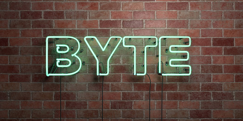 BYTE - fluorescent Neon tube Sign on brickwork - Front view - 3D rendered royalty free stock picture. Can be used for online banner ads and direct mailers..