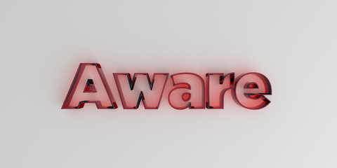 Aware - Red glass text on white background - 3D rendered royalty free stock image.