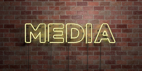 MEDIA - fluorescent Neon tube Sign on brickwork - Front view - 3D rendered royalty free stock picture. Can be used for online banner ads and direct mailers..