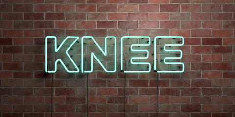Fototapeta na wymiar KNEE - fluorescent Neon tube Sign on brickwork - Front view - 3D rendered royalty free stock picture. Can be used for online banner ads and direct mailers..