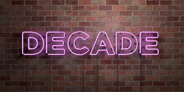 DECADE - fluorescent Neon tube Sign on brickwork - Front view - 3D rendered royalty free stock picture. Can be used for online banner ads and direct mailers..
