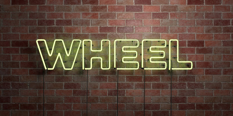 Fototapeta na wymiar WHEEL - fluorescent Neon tube Sign on brickwork - Front view - 3D rendered royalty free stock picture. Can be used for online banner ads and direct mailers..