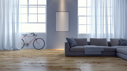 Modern living room with pink Bicycle leaning against the wall 3D Render