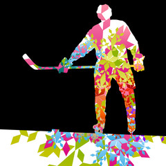 Hockey player sport silhouette made of ice snowflakes vector abstract background