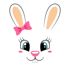 Obraz premium Słodki króliczek z różową kokardką. Dziewczęcy nadruk z twarzą królika na koszulkę
