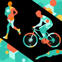 Triathlon marathon active young men swimming cycling and running sport silhouettes in abstract comb cell illustration background