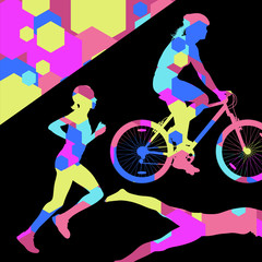 Triathlon marathon active young women swimming cycling and running sport silhouettes in abstract comb cell illustration background