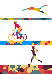 Triathlon marathon active young men swimming cycling and running sport silhouettes in abstract comb cell illustration background