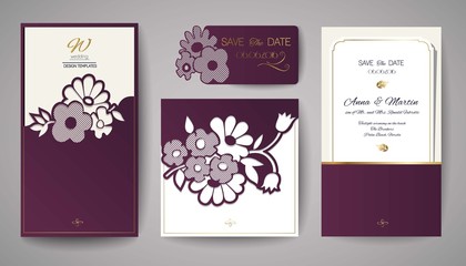 Set of Wedding Floral Invitation. Template for laser cutting. Vector illustration. - 137977703