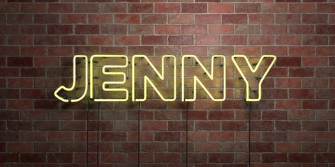 JENNY - fluorescent Neon tube Sign on brickwork - Front view - 3D rendered royalty free stock picture. Can be used for online banner ads and direct mailers..