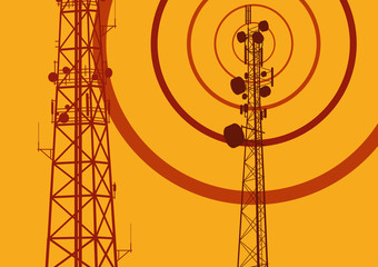 Telecommunication tower with television antennas and satellite dish vector background with illustrative abstract wireless