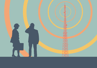 Telecommunication tower with television antennas and satellite dish engineer inspection vector background with illustrative abstract wireless