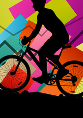 Fototapeta na wymiar Cyclist active man bicycle riders in abstract sport landscape circle background illustration