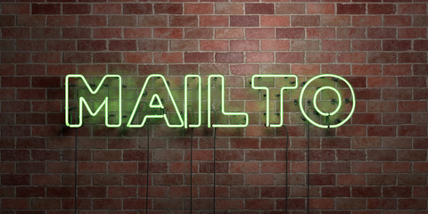 MAILTO - fluorescent Neon tube Sign on brickwork - Front view - 3D rendered royalty free stock picture. Can be used for online banner ads and direct mailers..